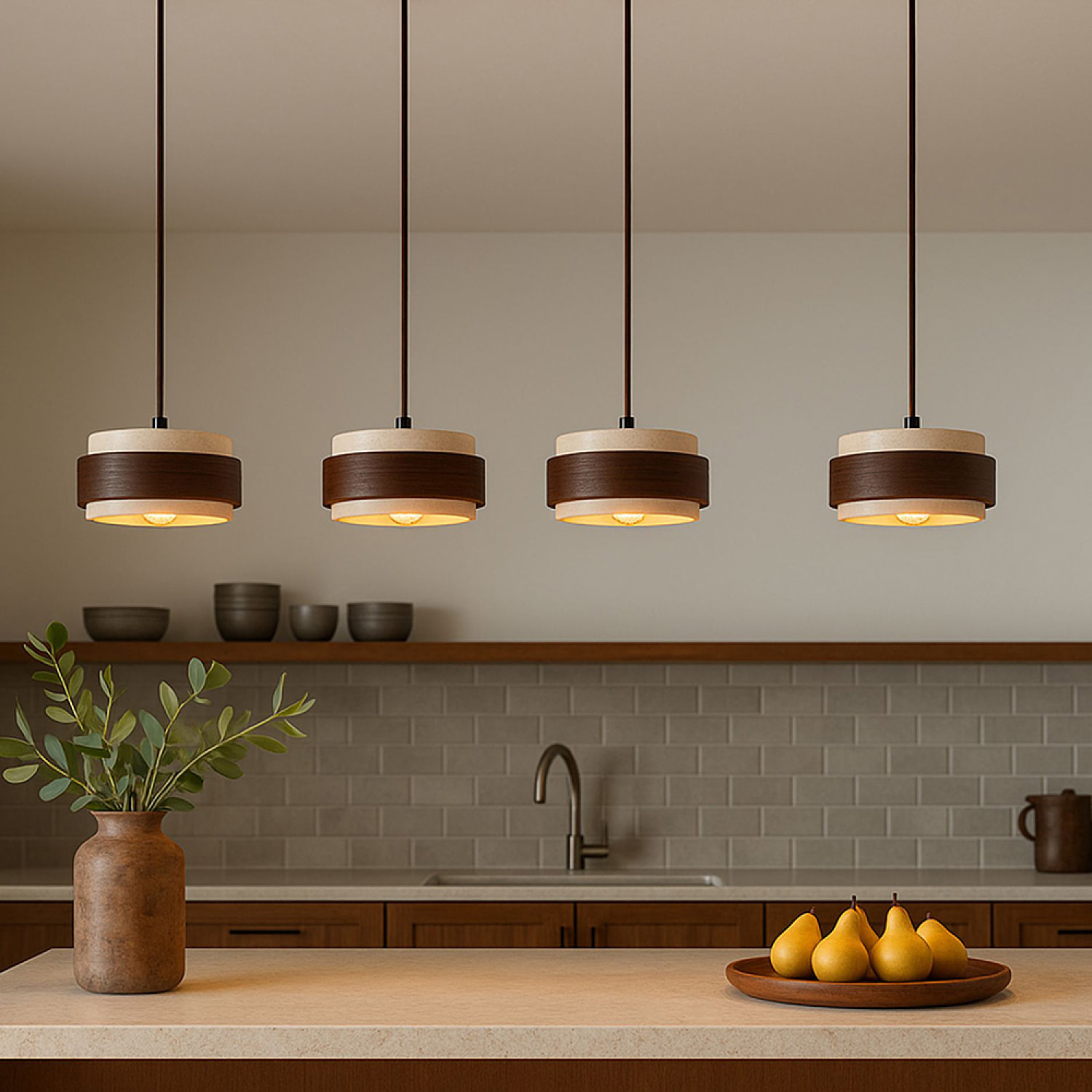 Luminaire design 4 suspensions en travertin et bois effet noyer TIVOLI