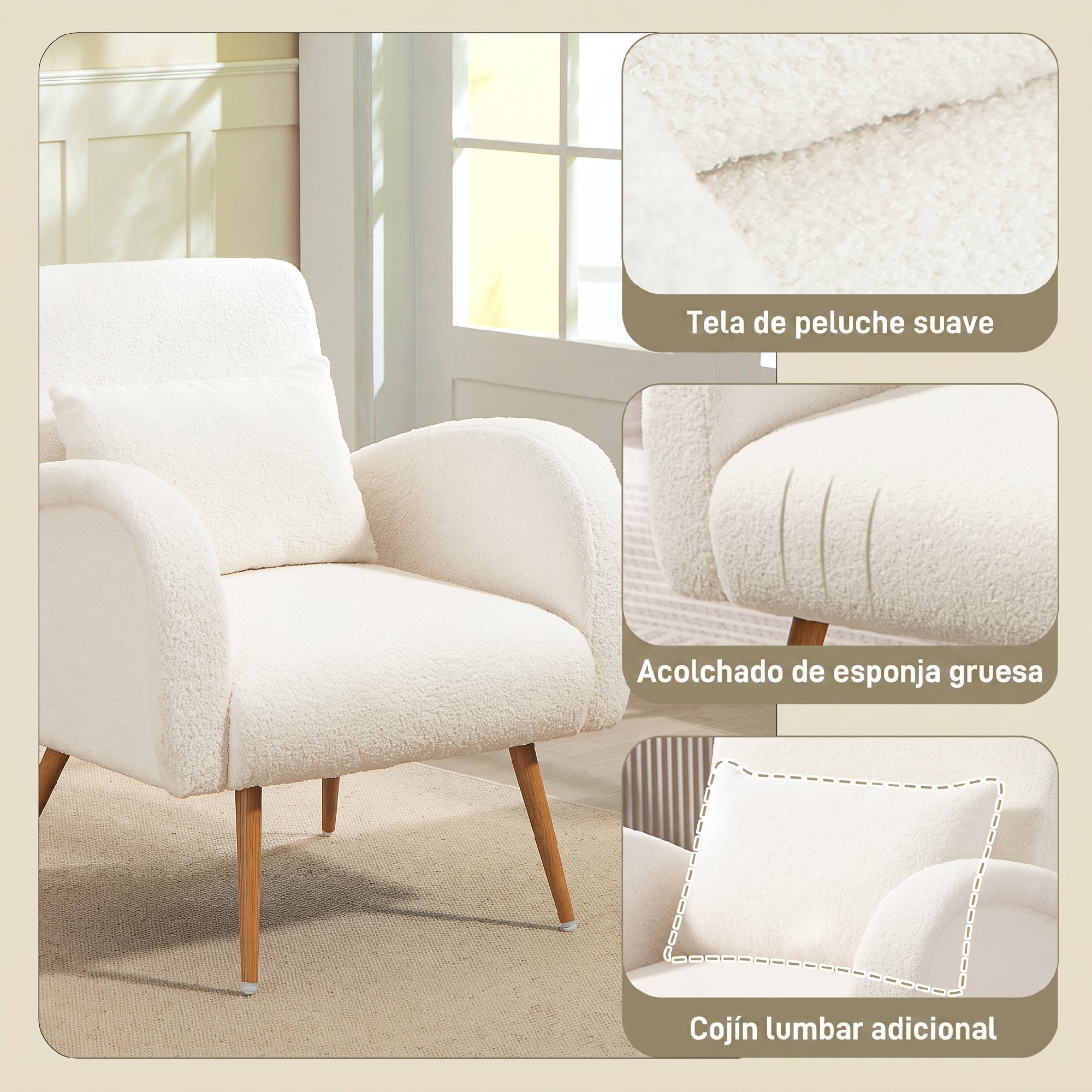 HOMCOM Sillón de Salón de Tela Teddy, Butaca de Salón con Cojín Lumbar Desmontable, Patas de Metal con Efecto Madera, Sillón de Relax para Dormitorio, Oficina, Estudio, Blanco Crema
