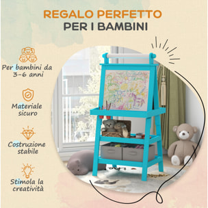 AIYAPLAY Lavagna per Bambini con Cavalletto 3 in 1, Rotolo di Carta e 2 Contenitori, in Legno, 59x48x118 cm, Blu