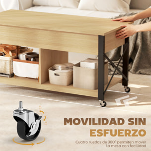 Mesa de Centro Elevable con Ruedas, Mesita de Salón con Compartimento Oculto, Estantes Abiertos, Mesa de Café para Comedor, Oficina, 105x50x67 cm, Madera Natural y Blanco