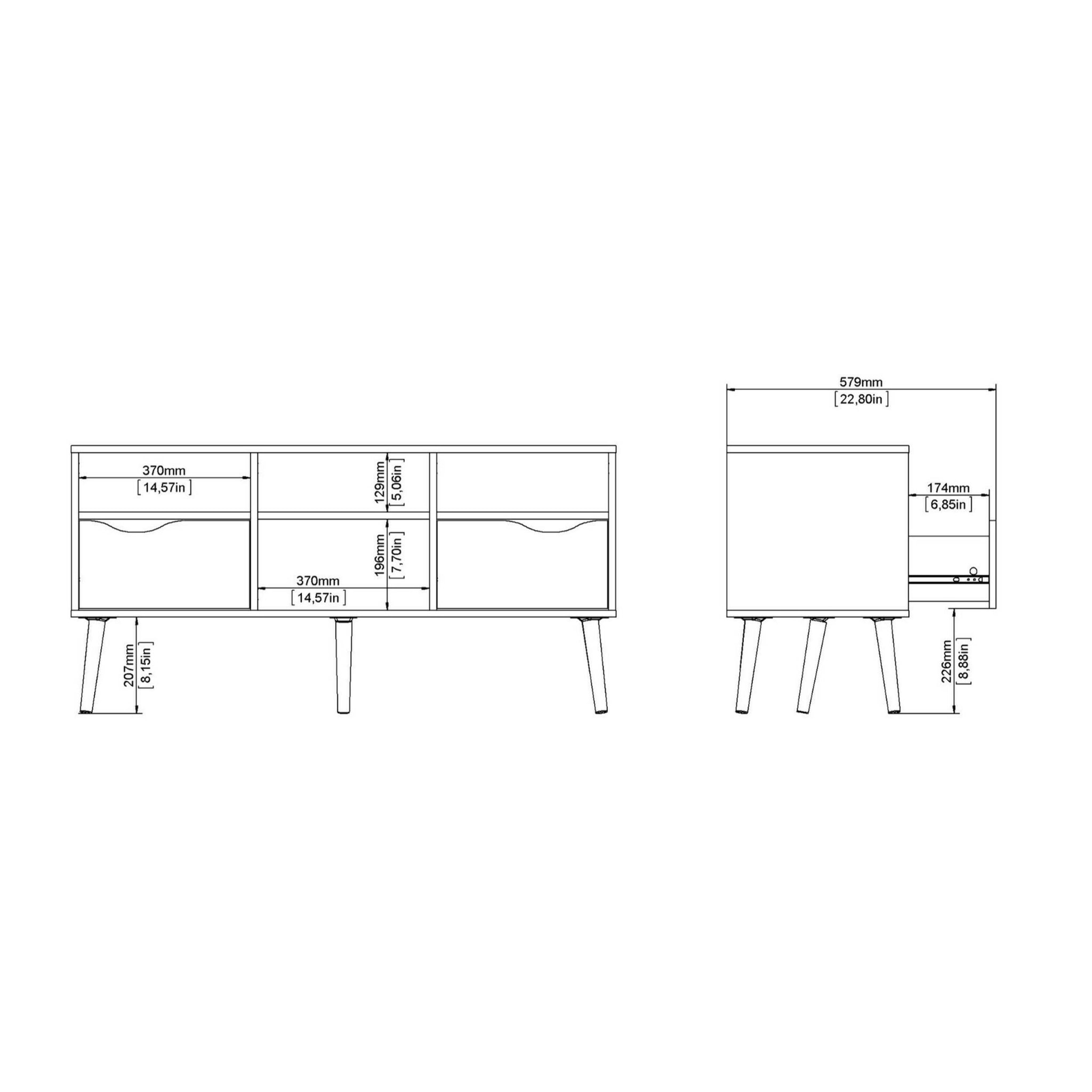 Mobile porta TV a due cassetti e scomparti aperti, colore bianco e nero, cm 117 x 57 x 39