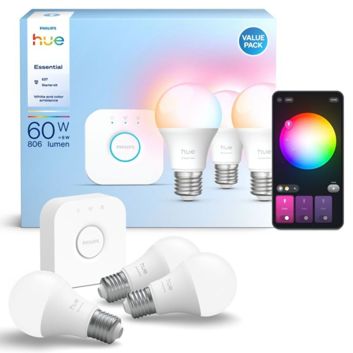 Pack PHILIPS HUE Essential E27 60Wx3 + pont v2