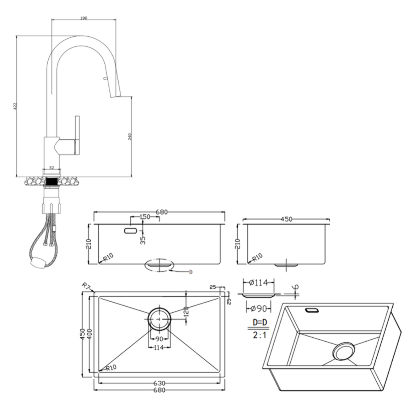 Timeless 68x45x21 cm évier sous plan en inox 304 + mitigeur inox avec douchette extractible, or brossé (TMLKSU-6845BG-M2)
