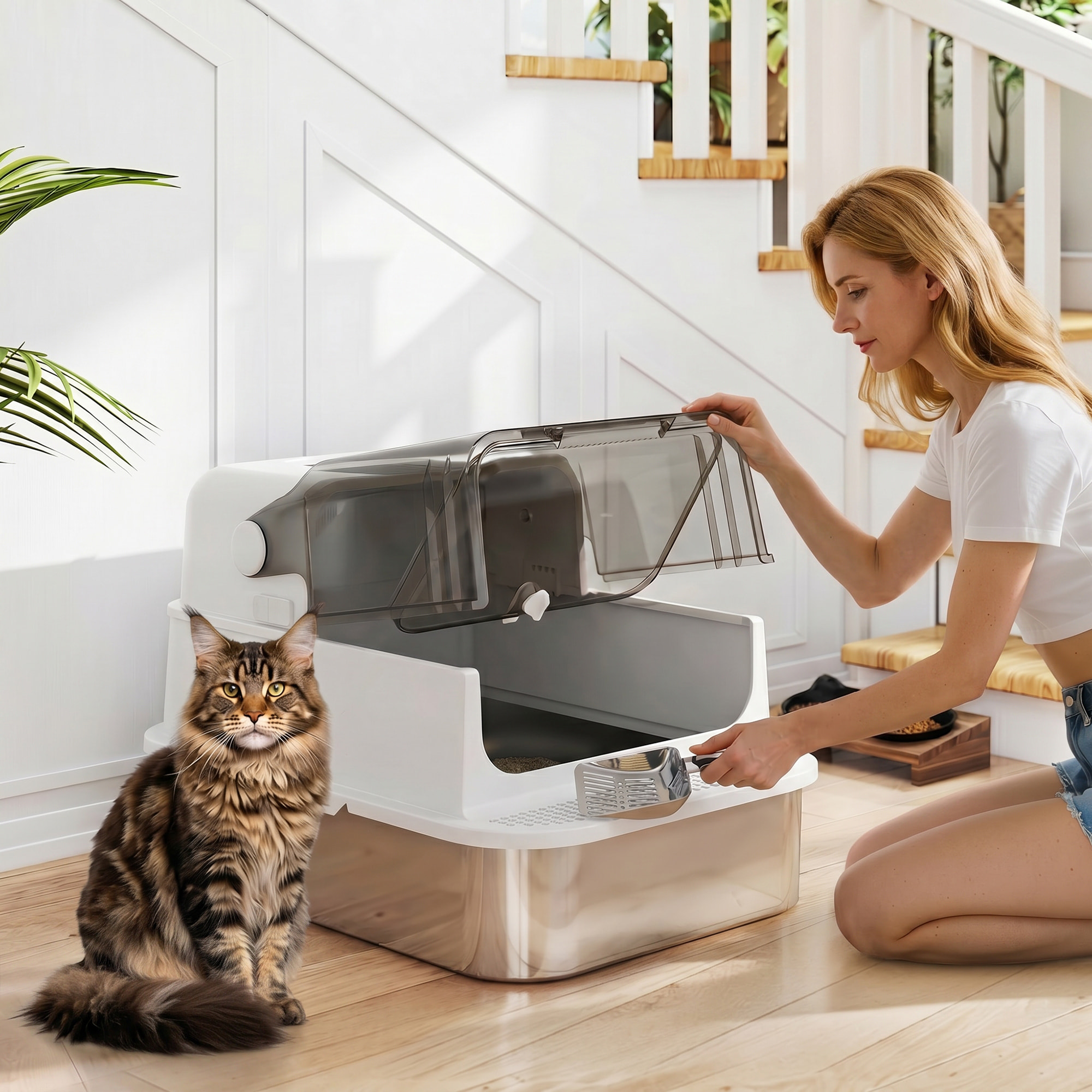Arenero para Gatos de Acero Inoxidable XXL, Caja de Arena para Gatos Grandes, Arenero con Tapa Abatible, Laterales Altos, Entrada Superior, Pala, sin Olores, Fácil de Limpiar, Antifugas, Blanco