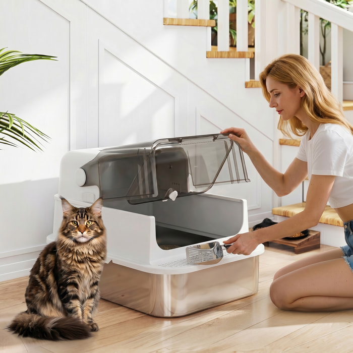 Arenero para Gatos de Acero Inoxidable XXL, Caja de Arena para Gatos Grandes, Arenero con Tapa Abatible, Laterales Altos, Entrada Superior, Pala, sin Olores, Fácil de Limpiar, Antifugas, Blanco