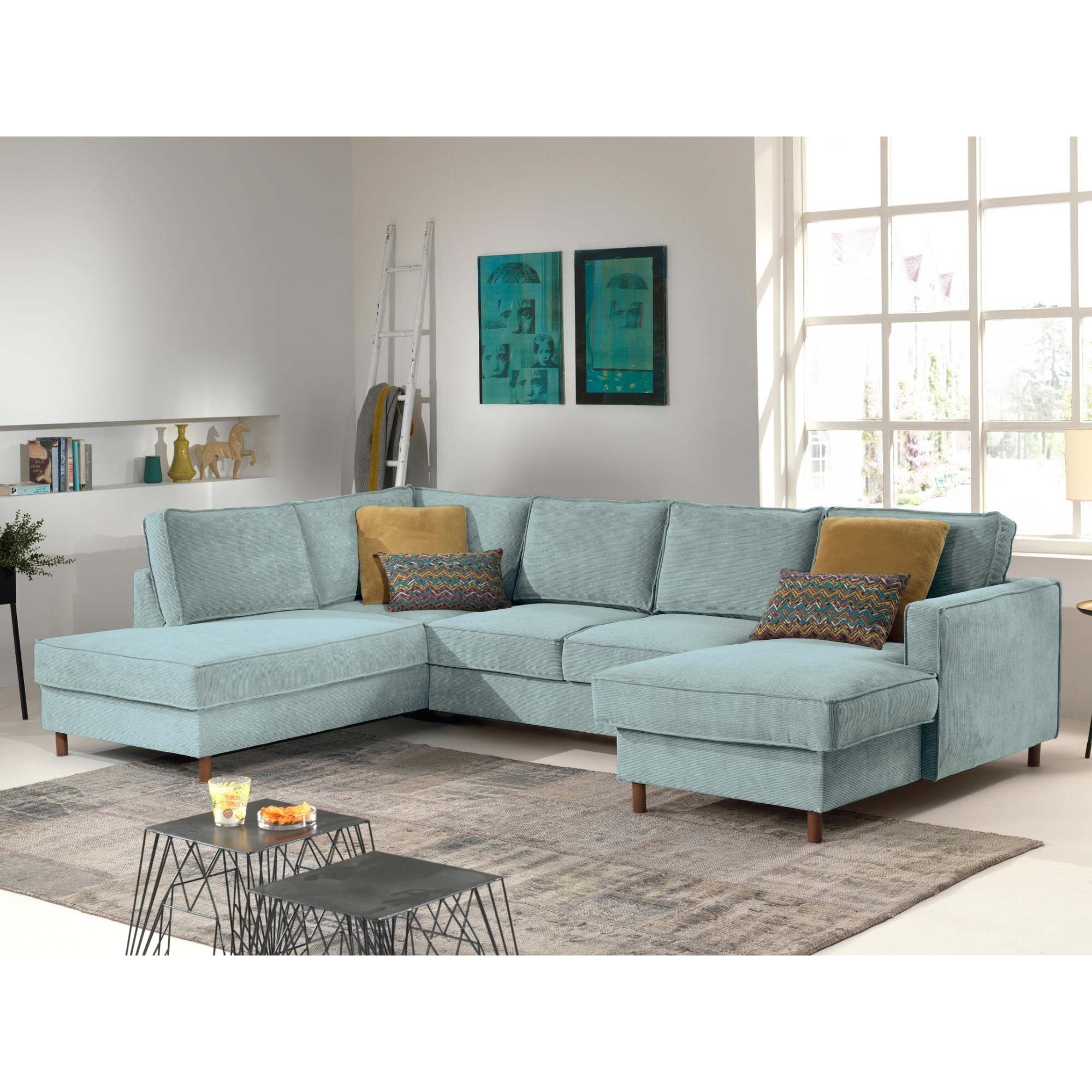 Jake - canapé panoramique d'angle gauche - convertible avec coffre - 7 places - en velours côtelé - Bleu