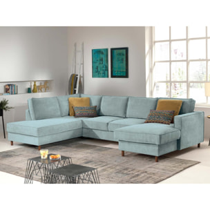 Jake - canapé panoramique d'angle gauche - convertible avec coffre - 7 places - en velours côtelé - Bleu