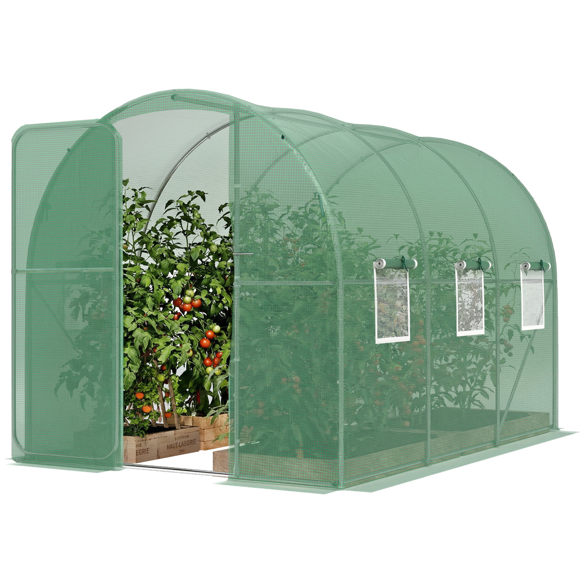 Serre tunnel de jardin 6m² porte et 8 fenêtres bâche PE 140 g/m² vert