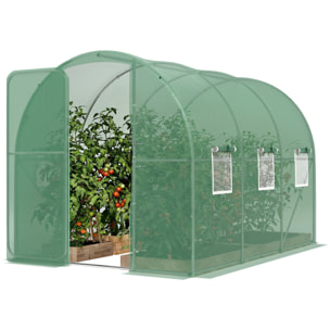Serre tunnel de jardin 6m² porte et 8 fenêtres bâche PE 140 g/m² vert