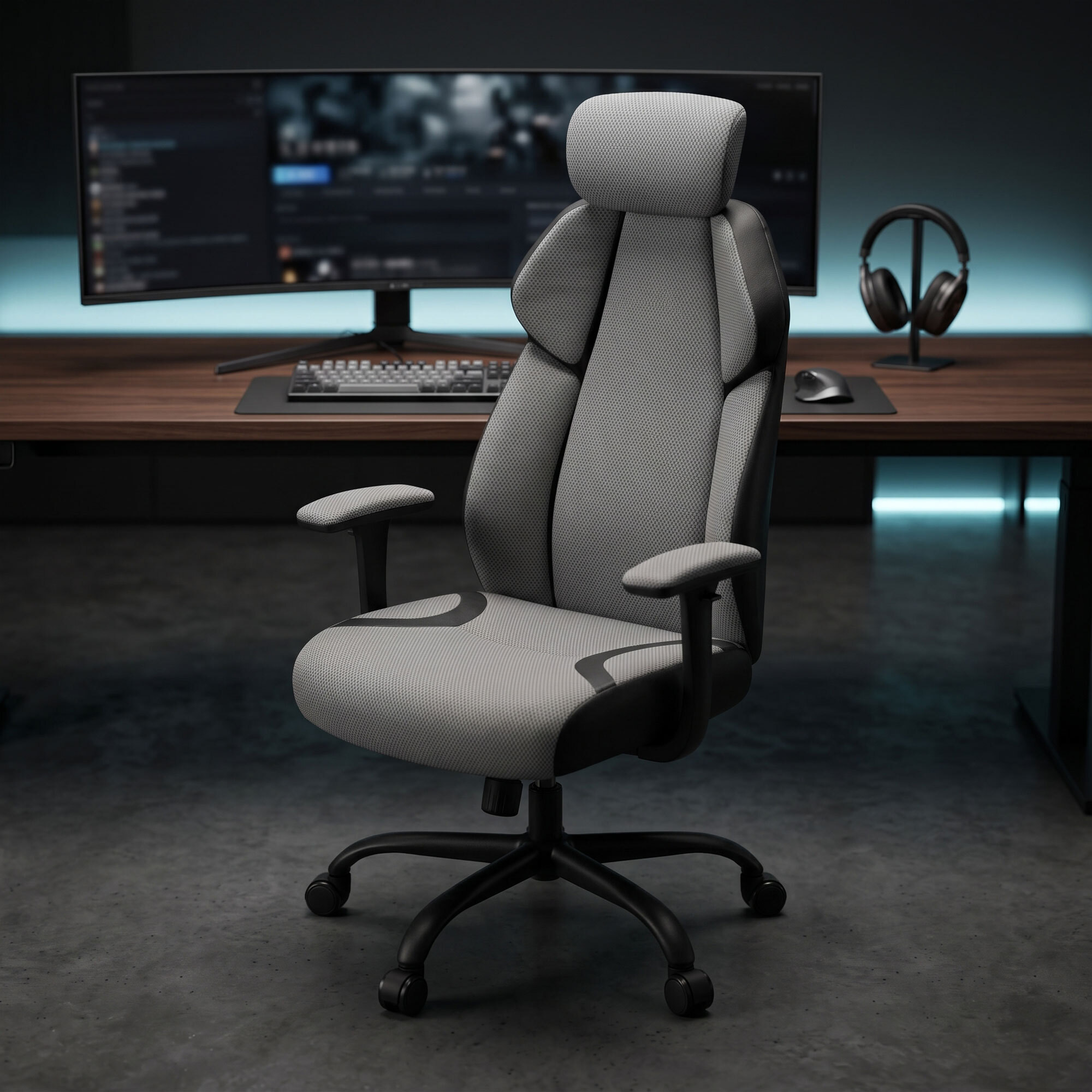 Flank - Sedia da Gaming Pro Ergonomica Poltrona Gamer con Altezza regolabile Reclinabile Girevole 360° con Braccioli in Tessuto e PVC Grigio