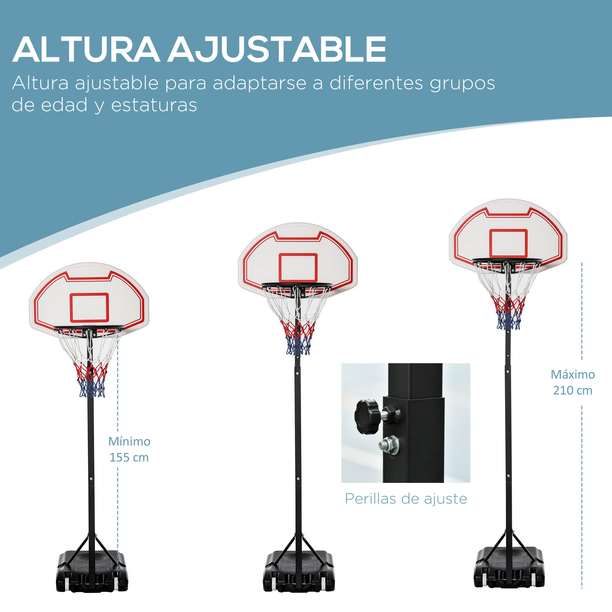 Aro De Baloncesto con Rueda Acero PE 75x45x165-210cm Negro