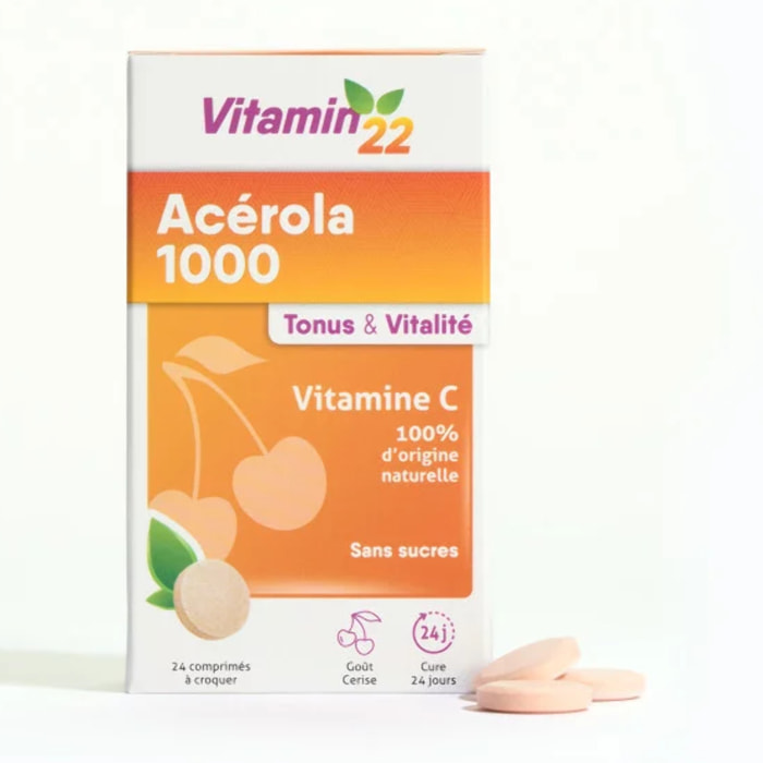 VITAMIN'22 - Acerola 1000 - Complément alimentaire à base d'Acérola- Vitamine C 100% d'origine naturelle - Sans sucre - Sans gluten - Goût Cerise - Cure de 24 j