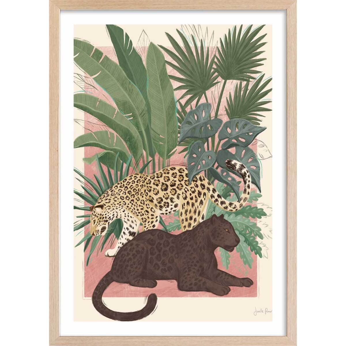 Poster black and white panthers Affiche + cadre en bois - Chêne