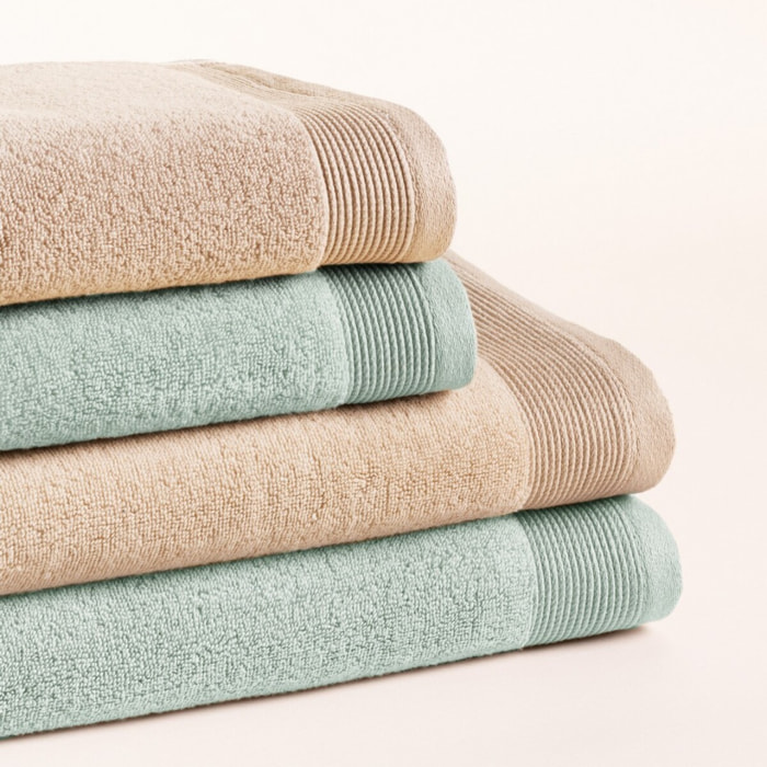 Lot de 4 serviettes Harmony bicolores sable-aqua - Zero Twist - 600 grammes