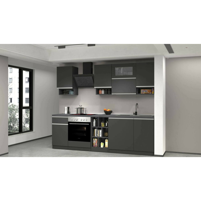 Cucina completa Attiko, Set con dispensa, Mobile per cucinotto, Kit blocco lineare, 100% Made in Italy, 255x60h85 cm, Antracite e Ardesia