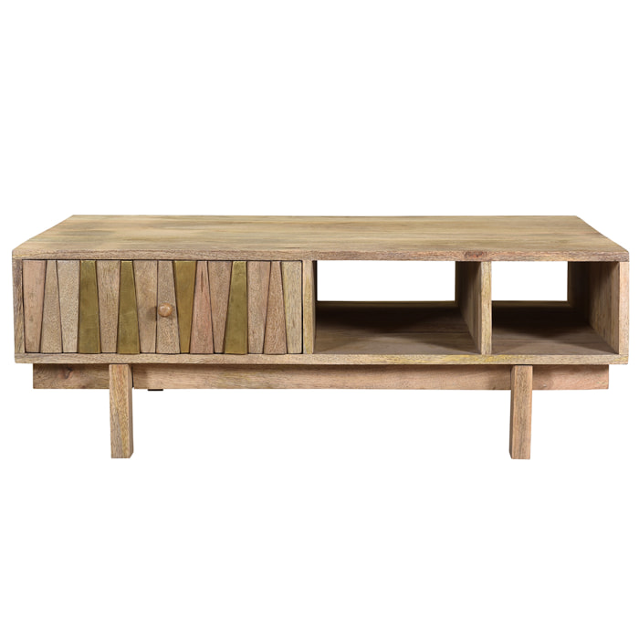 Table basse rectangulaire avec rangements bois manguier massif gravé et détails dorés L100 cm ZAIKA