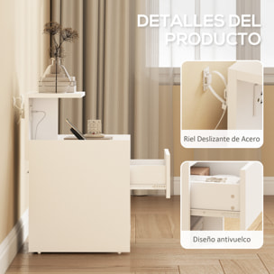 Mesita de Noche con Estación de Carga, Mesilla de Noche Dormitorio con Puertos USB, Cajón y Estantes Abiertos, para Salón, Estudio, 40x40x60 cm, Blanco