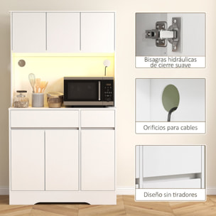 Alacena de Cocina con Luz LED RGB, Mueble de Cocina con Encimera para Microondas, 6 Puertas, 2 Cajones, Estantes Ajustables y Control Remoto, 100x38x180 cm, Blanco