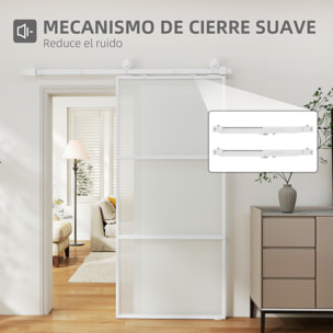 Puerta Corredera con Herrajes Puerta Corredera de Cristal con Mecanismo Cierre Suave para Baño Salón Sala de Estar Cocina 91,4x203,2 cm Blanco