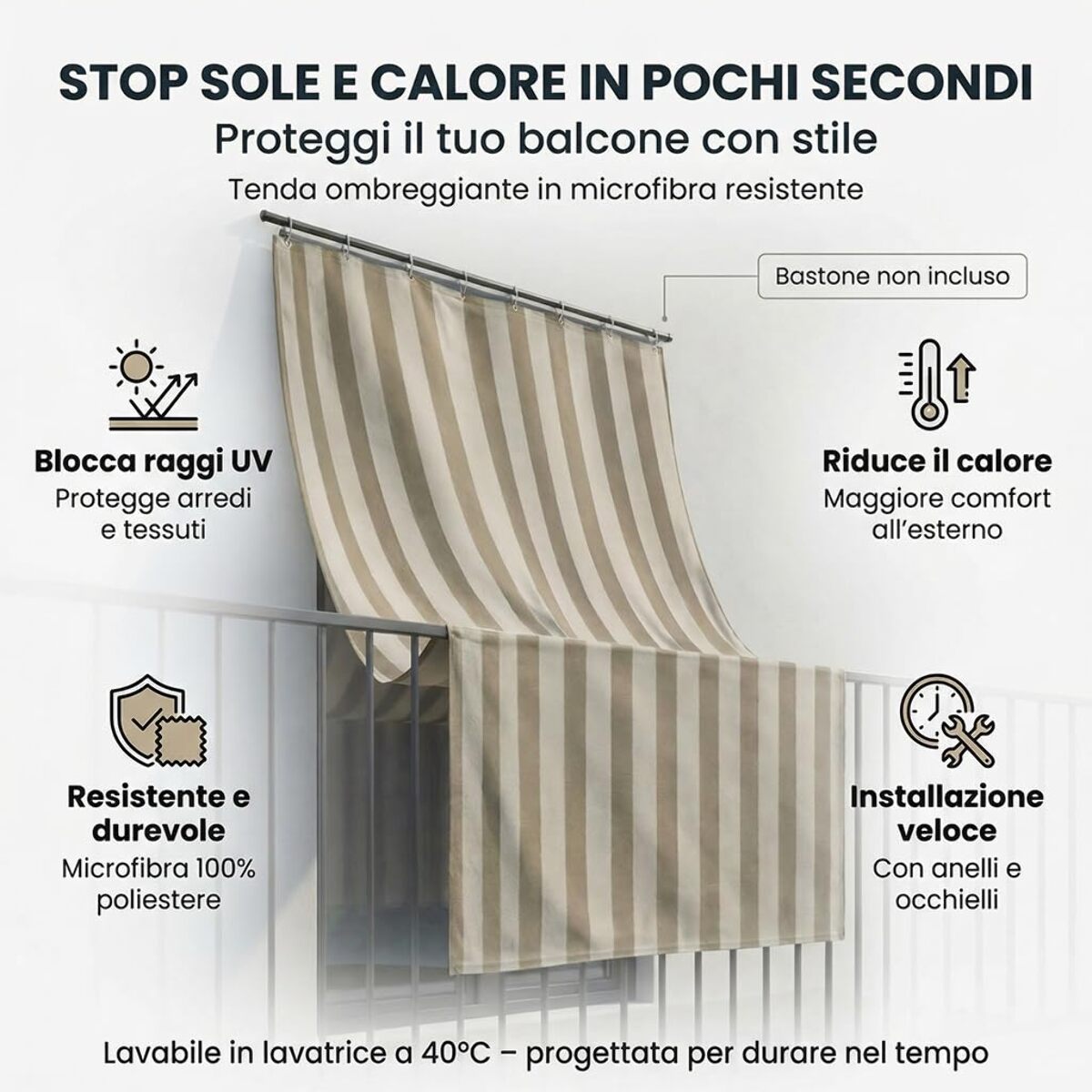 Tenda da sole a caduta impermeabile per balconi e verande con occhielli, telo parasole resistente a pioggia e raggi UV, riduce calore e luce, aumenta privacy, facile installazione, tessuto in poliestere durevole, ideale per esterno e protezione arredi