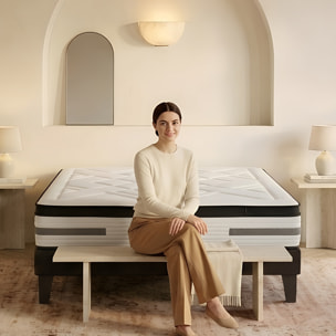 Ensemble Matelas Hybride Bellevue & Sommier KIT15, mémoire de forme et ressorts ensachés, technologie Tri-lattes, soutien ferme