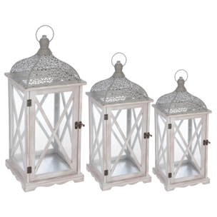 Set de 3 lanternes "Cut" - bois & verre - effet blanchi