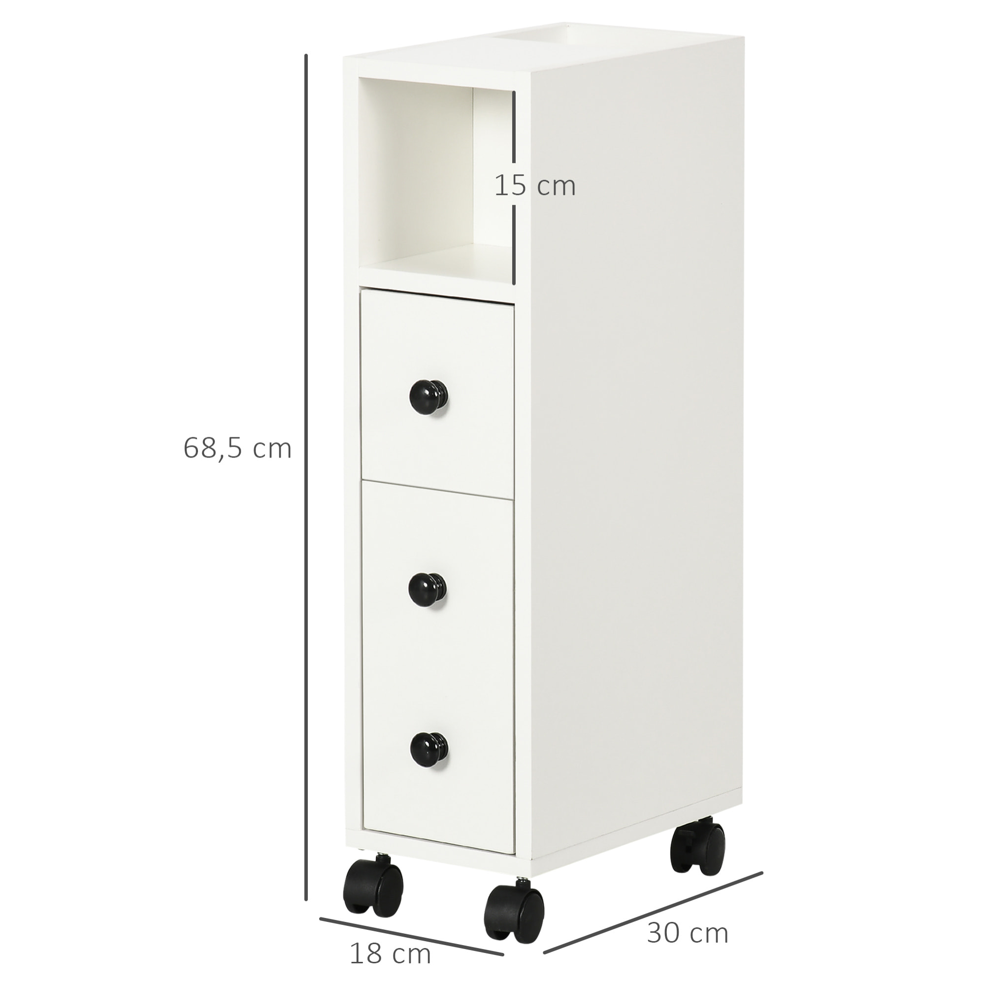 kleankin Armario de Baño Mueble Auxiliar para Baño Espacio Reducido con Ruedas Estantes Abiertos Armario Cajón 18x30x68,5 cm Blanco