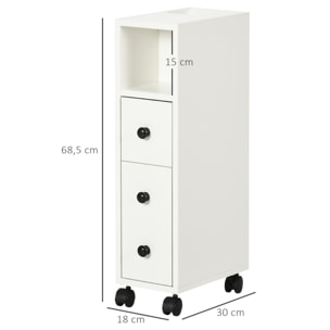 kleankin Armario de Baño Mueble Auxiliar para Baño Espacio Reducido con Ruedas Estantes Abiertos Armario Cajón 18x30x68,5 cm Blanco