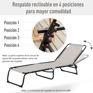 Tumbona Plegable, Tumbona Jardín Exterior Reclinable 4 Posiciones con Reposacabezas y Marco de Acero, Carga 120 kg, para Terraza, Piscina, Playa, 189x58x30 cm, Crema