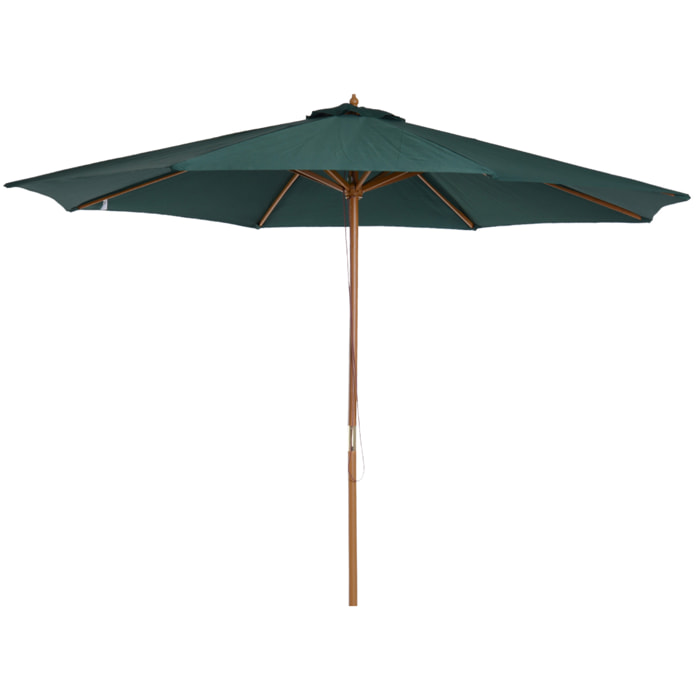 Outsunny Sombrilla Ø300x250 cm Parasol con Poste de Madera con Sistema de Poleas de 8 Varillas con Fijación para Jardín Patio Terraza Verde