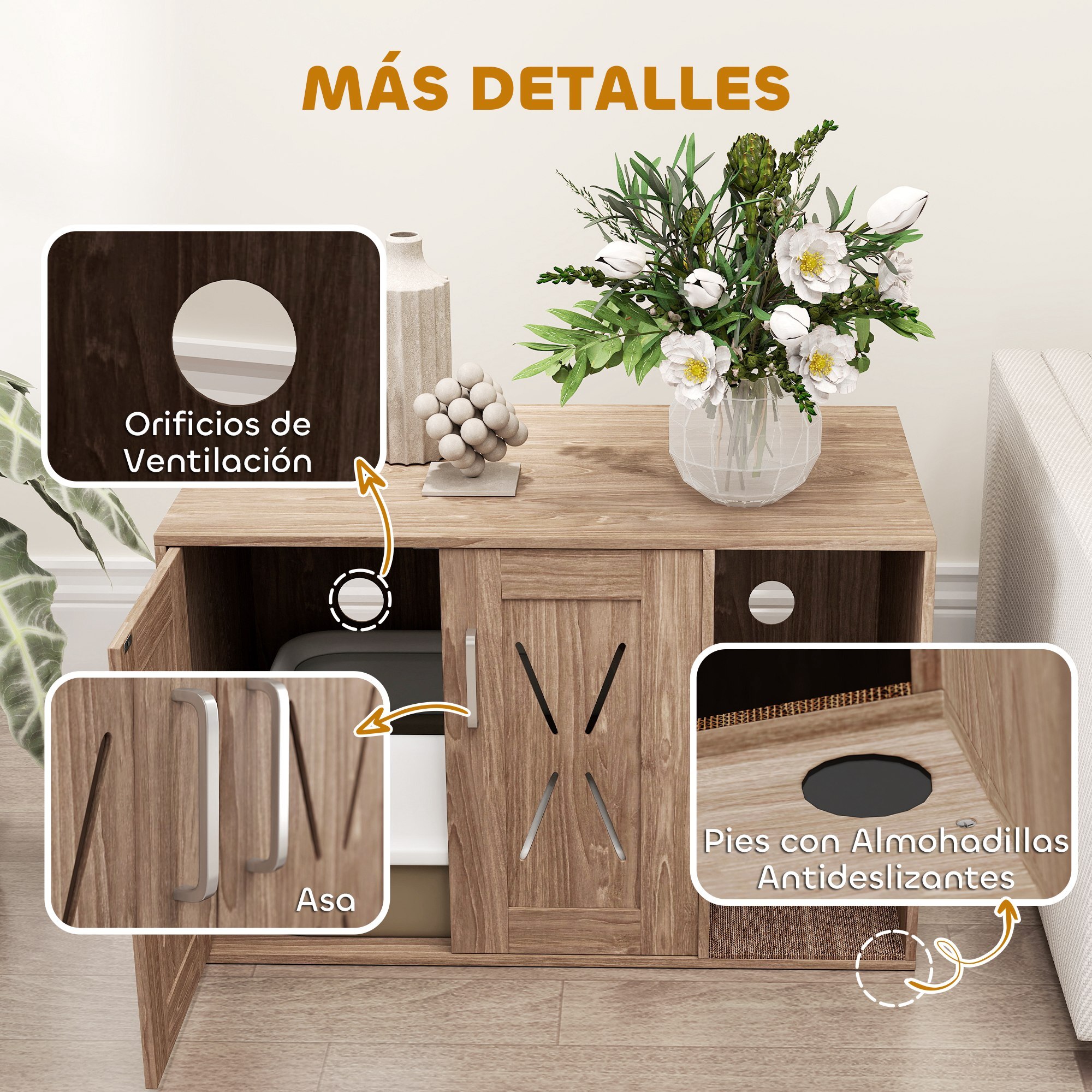 Mueble Arenero para Gatos 3 en 1 Nido Mesa Auxiliar Caja de Arena para Gatos con Puertas Estera para Rascar y Compartimento para Salón Dormitorio 80x48x50,5 cm Marrón