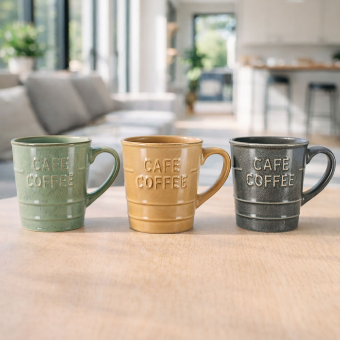 Lot 6 mugs coffee time 21cl en grès 3 couleurs assorties