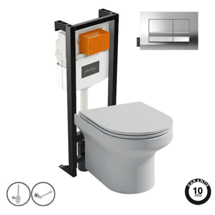 Pack WC suspendu sans bride  Elite + bâti-support + plaque Chrome + accessoires