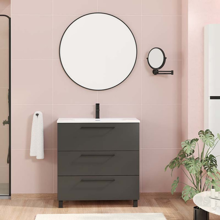 Conjunto de baño Haru | Mueble de baño con patas | 80 cm Negro| Tres cajones | Lavabo encastrado | No incluye espejo | Alday
