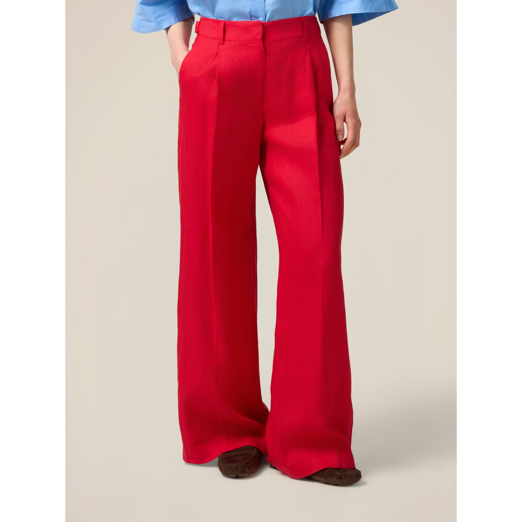 Oltre - Pantalones palazzo 100% lino - Rojo
