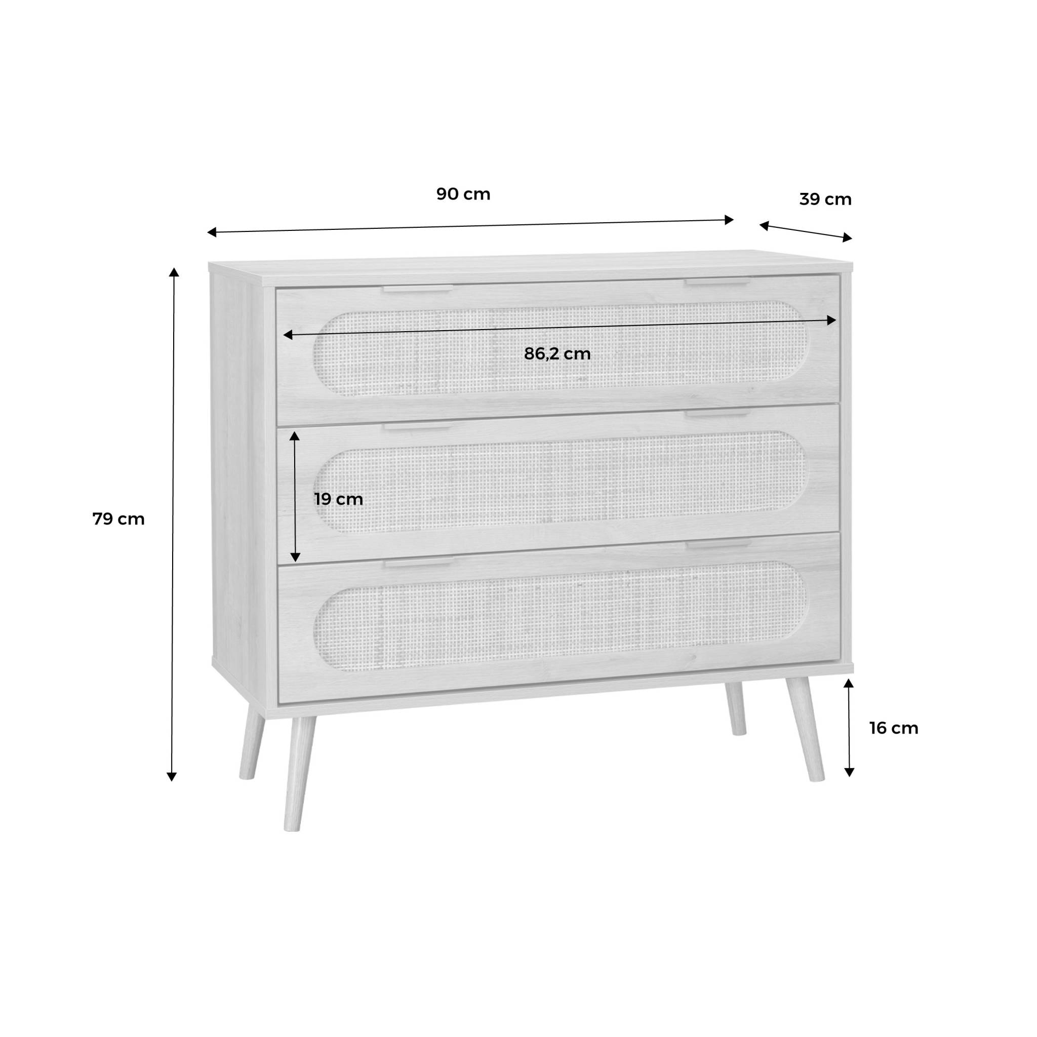 Commode. Eva. décor bois et cannage arrondi. 3 tiroirs L 90 x l 39 x H 79cm