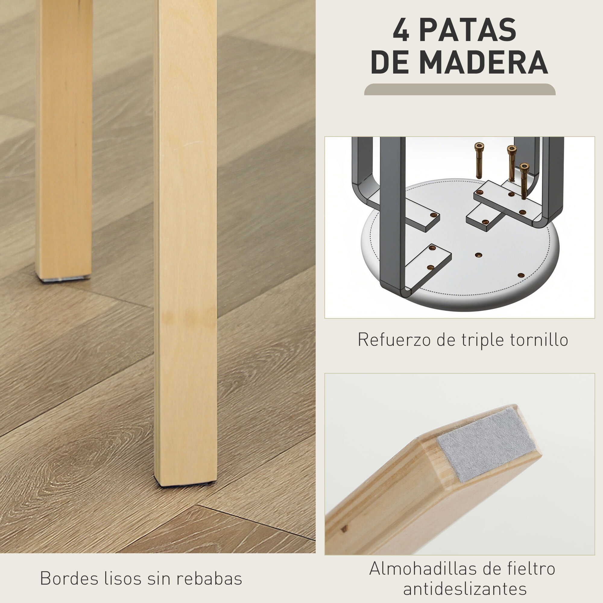 Juego de 4 Taburetes Apilables Redondos Taburetes Bajo de Cocina de Madera con Asiento Acolchado para Comedor Dormitorio Oficina Salón Gris y Natural