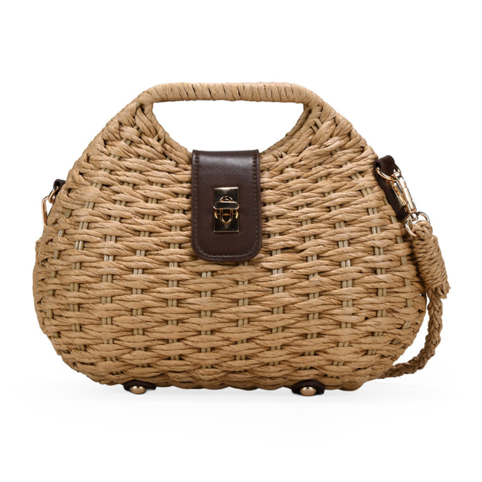 Bolso caja marrón claro en rafia con solapa
