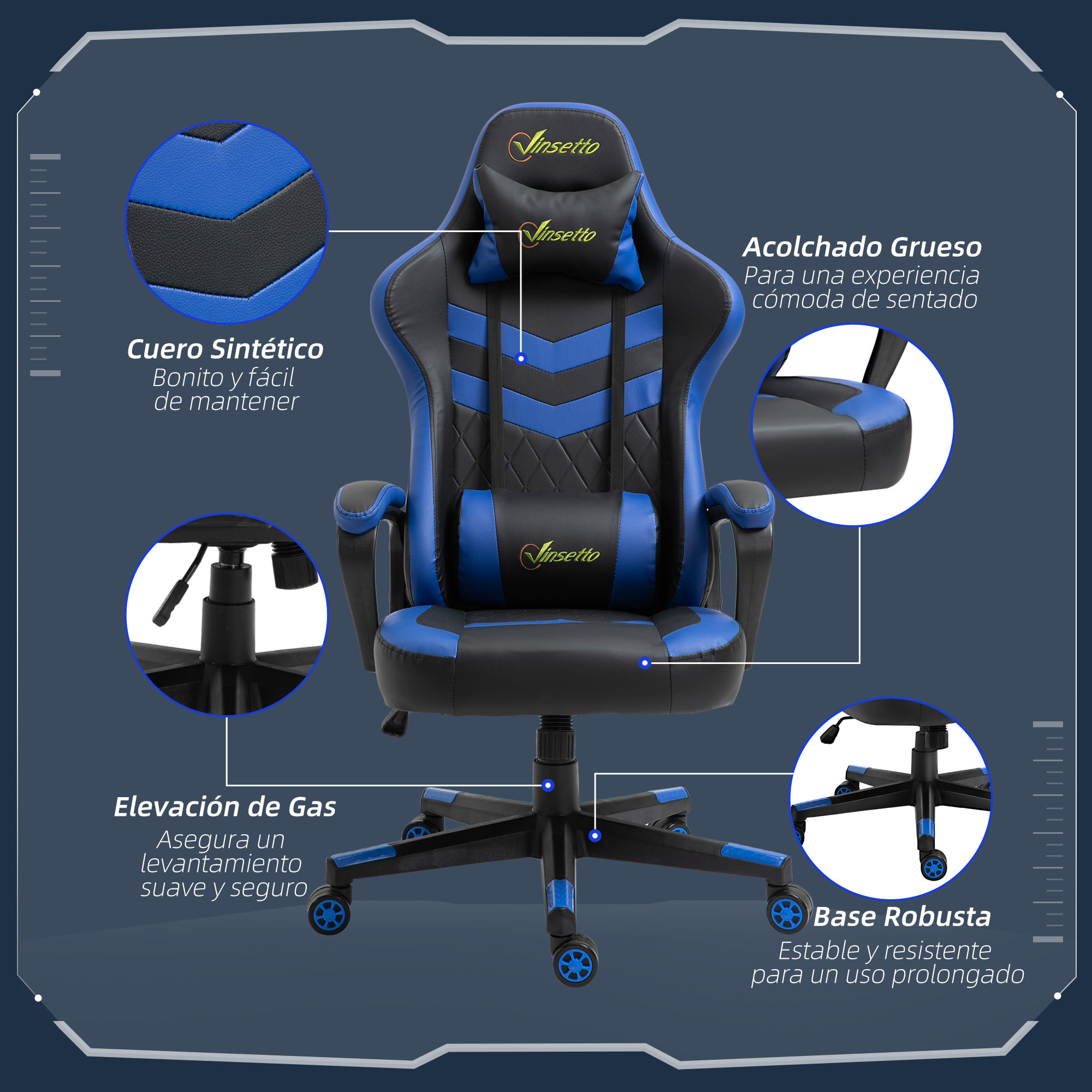 Silla Gaming de Oficina Ergonómica Altura Ajustable Azul