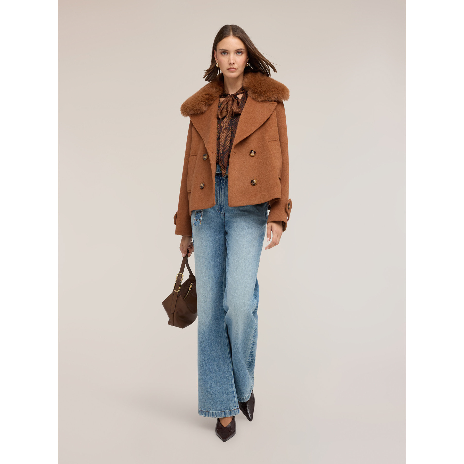 Motivi - Cappotto corto doppiopetto in double misto lana - Marrone