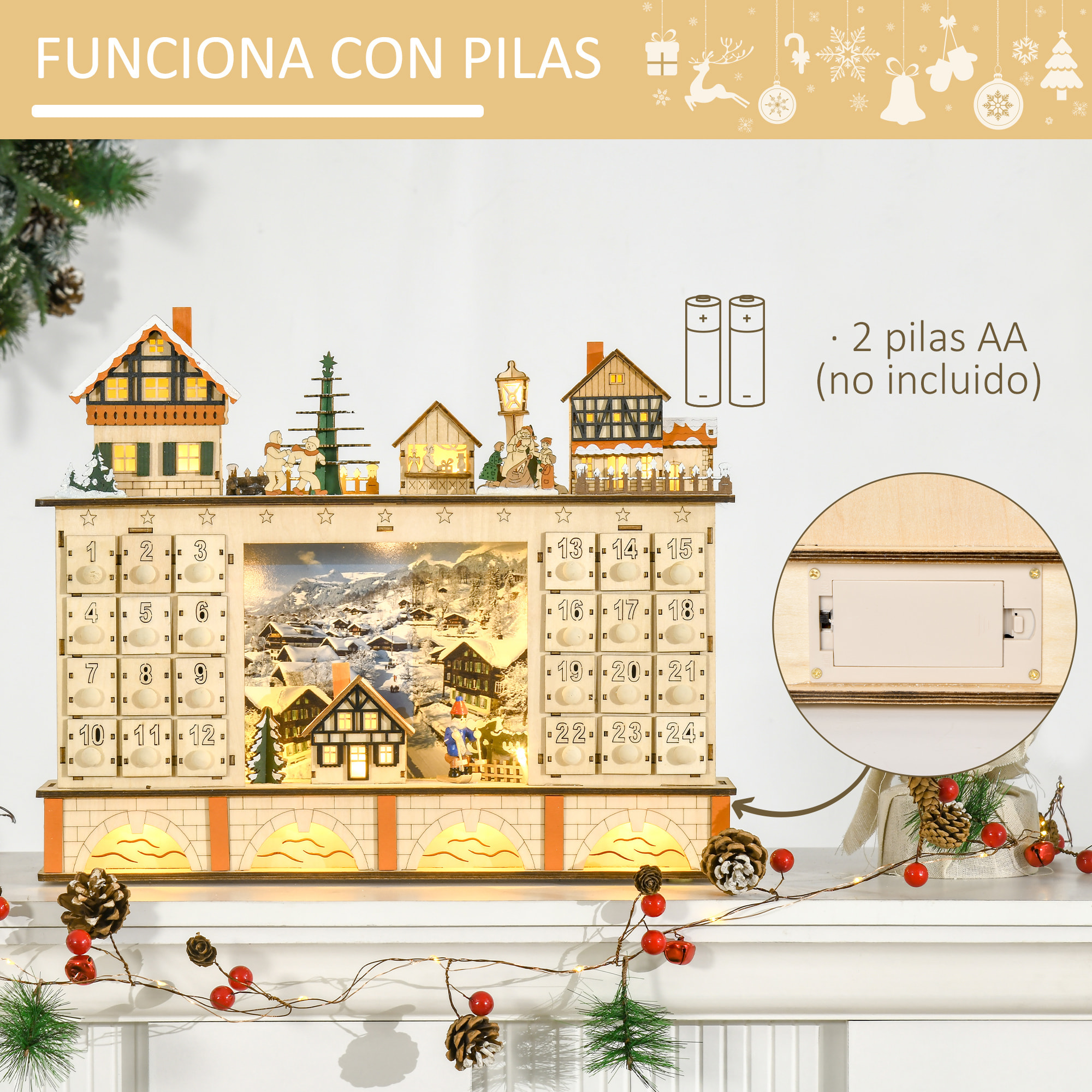 Calendario de Adviento para Llenar Calendario de Adviento de Madera con Luces y 24 Cajones de Cuenta Regresiva Juguetes para Niños y Adultos 44x10x37 cm Natural