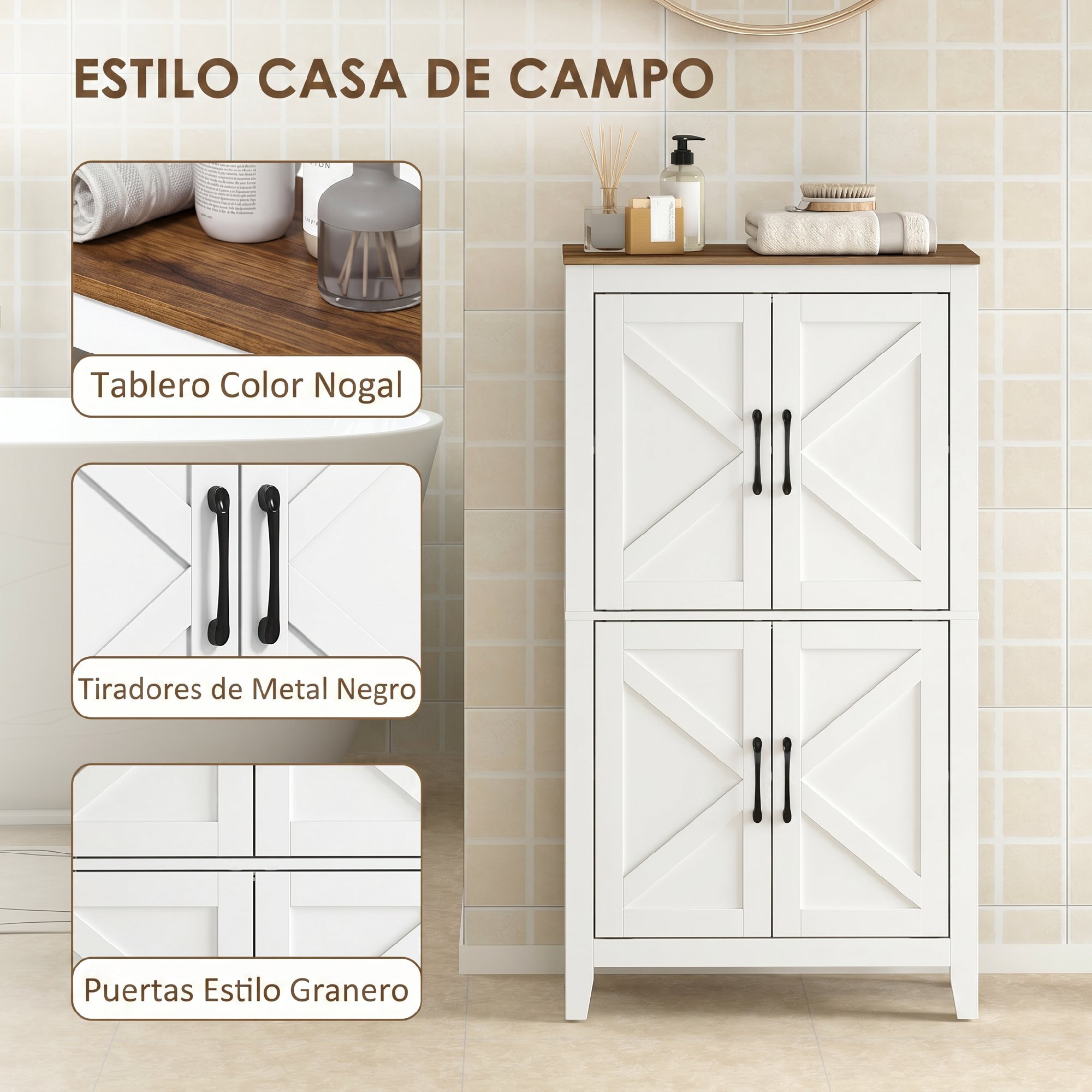 HOMCOM Armario de Baño Estrecho, Mueble Auxiliar de Baño con Puertas Tipo Granero, 4 Estantes y Estantes Ajustables, Ahorro Espacio, 60x30x110 cm, Blanco