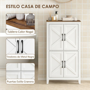 HOMCOM Armario de Baño Estrecho, Mueble Auxiliar de Baño con Puertas Tipo Granero, 4 Estantes y Estantes Ajustables, Ahorro Espacio, 60x30x110 cm, Blanco