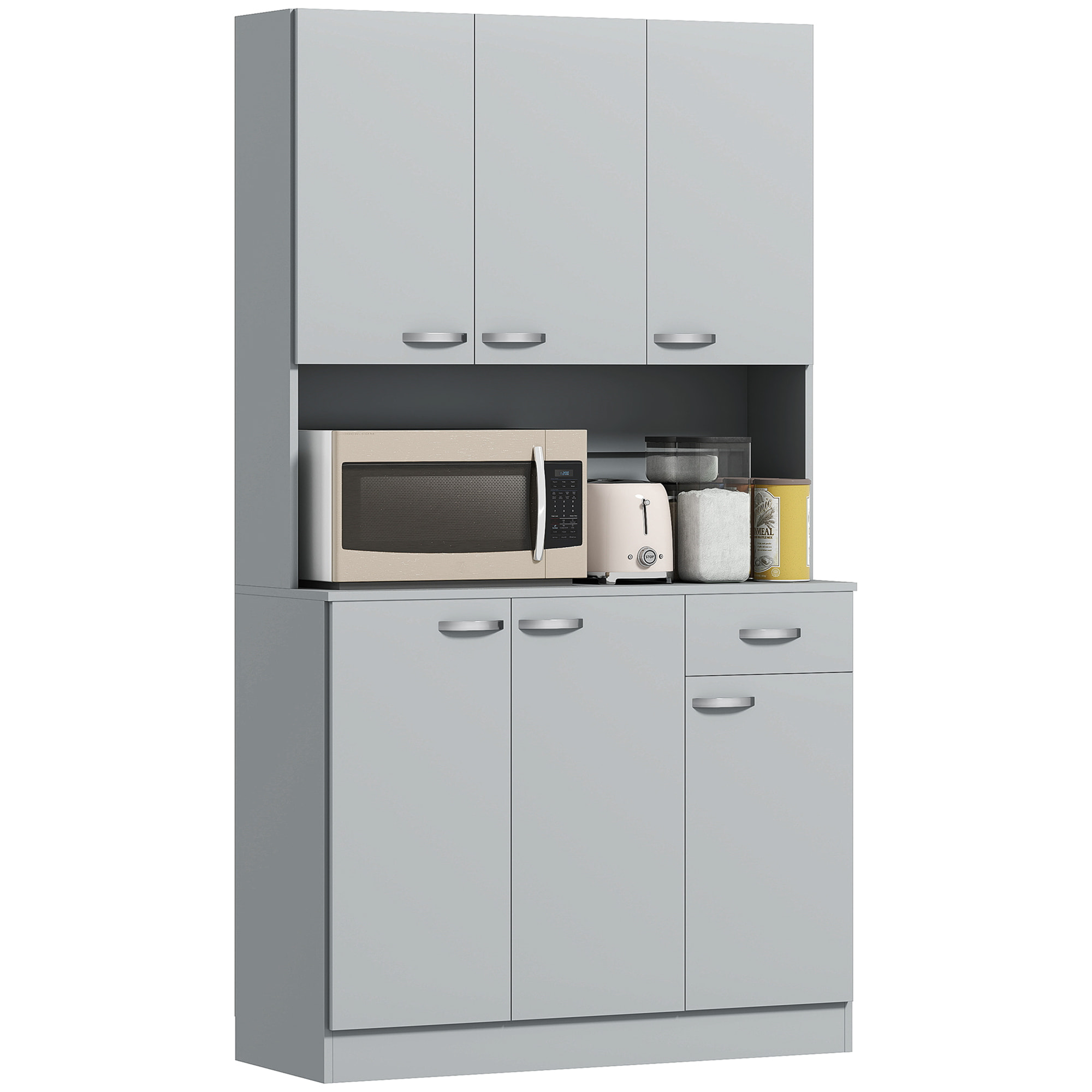 Alacena de Cocina Mueble Auxiliar de Cocina Alta con 6 Puertas Cajón Encimera Abierta y Estantes Ajustables Estilo Moderno Gris 101x39x180 cm
