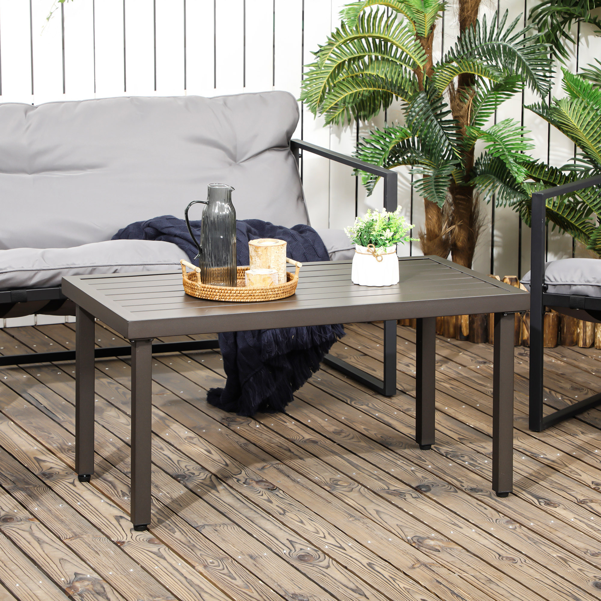 Table basse rectangulaire de jardin plateau à lattes pieds réglables dim. 91L x 51l x 46H cm acier marron