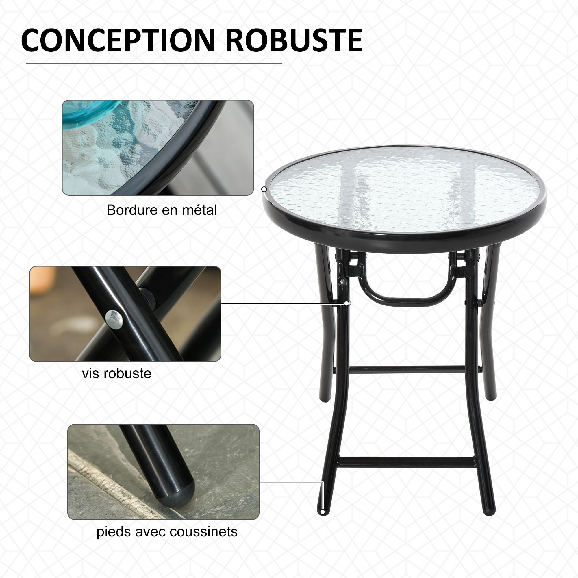 Table basse ronde bistro de jardin Ø 45 x 50H cm pliable métal époxy noir plateau verre trempé