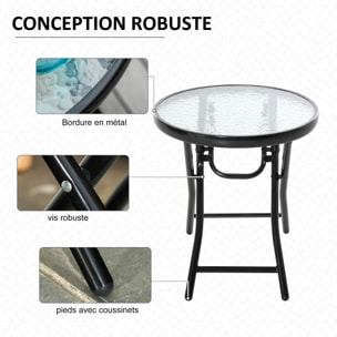 Table basse ronde bistro de jardin Ø 45 x 50H cm pliable métal époxy noir plateau verre trempé