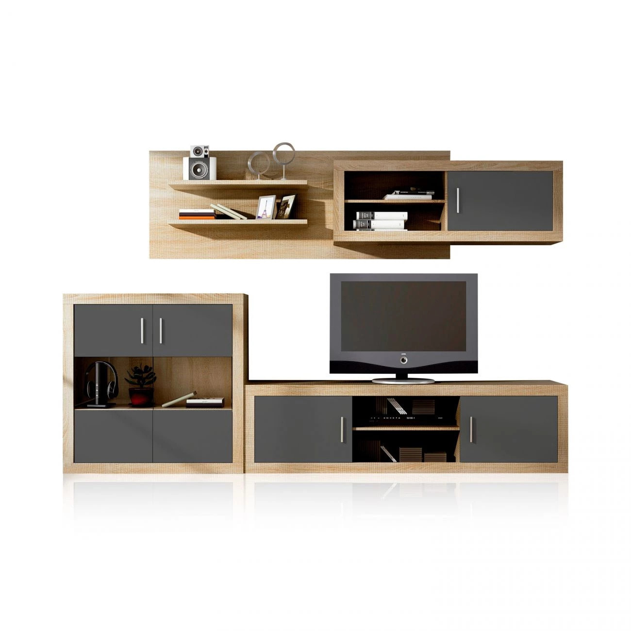 Salón modular con gran capacidad de almacenaje en cambria y grafito 290 cm Nuka V8 Cambria - Grafito
