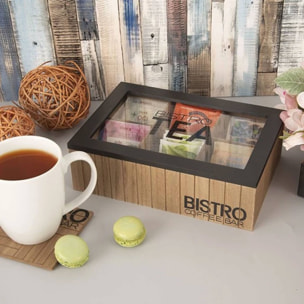 Well home caja de té con 6 compartimentos de diseño bistro en mdf con tapa de cristal 24x16,5x7,5cm