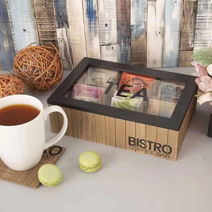 Well home caja de té con 6 compartimentos de diseño bistro en mdf con tapa de cristal 24x16,5x7,5cm
